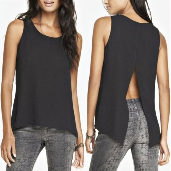 Express Tops - Express Black Split Back Sheer Scoop Neckline Tank Top Size Medium